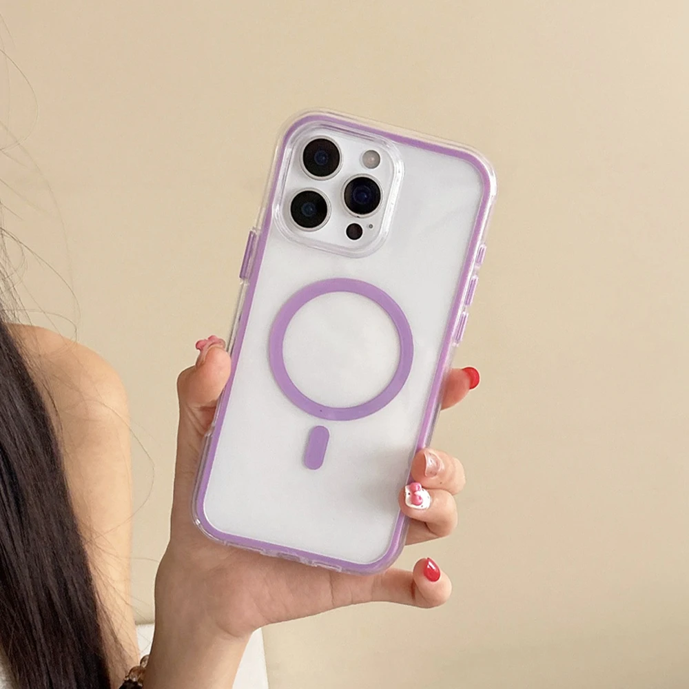 マグセーフ対応 キャンディーカラーフレーム 光沢クリアスマホケース iPhone 14 13 15 16 17 Pro Max 12 11 ワイヤレス充電対応カバー