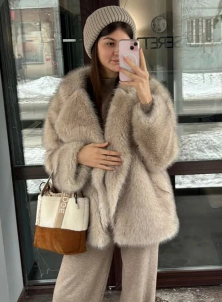 Abrigo de felpa de otoño e invierno, nueva marca de lujo, abrigo de piel de zorro con solapa grande, chaqueta de piel sintética a la moda, suave, grueso y cálido