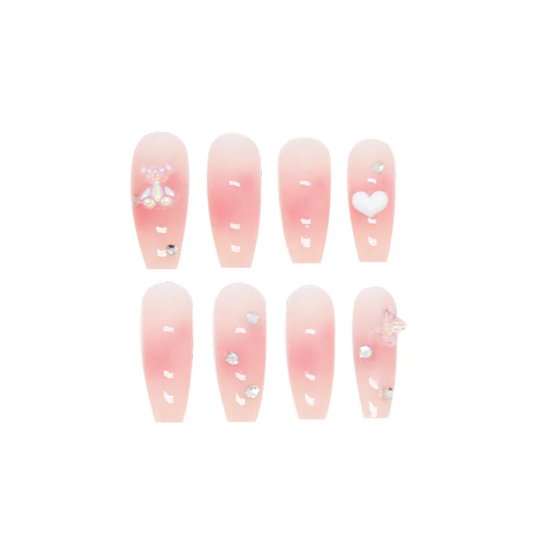 24pcs Press on False with Designs Bear n Heart Decal Fake Nails Art Full Cover Artificial Long Nail Tips With Wearing Tools