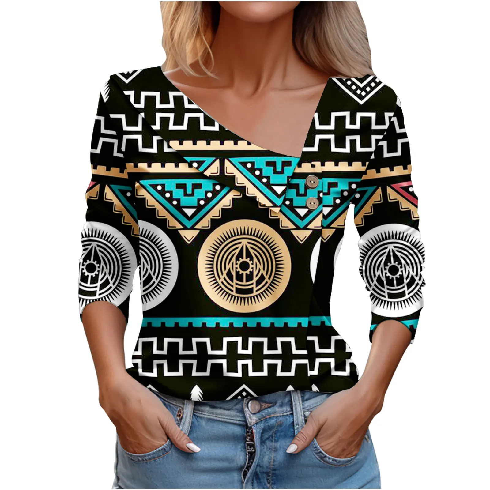 Long Sleeve Elegant Women Tops 2024 Autumn Geometry Print Casual T Shirt For Women Skew Collar T-shirt Office Top Femme