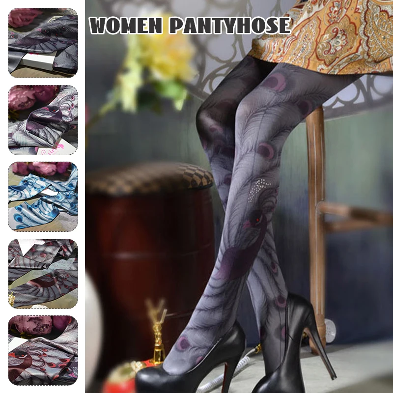 

Women Retro Ethinic Style Sexy Pantyhose Peacock Printed Tights Girl Catwalk Show Pantyhose Spring Thin Transparent Stockings