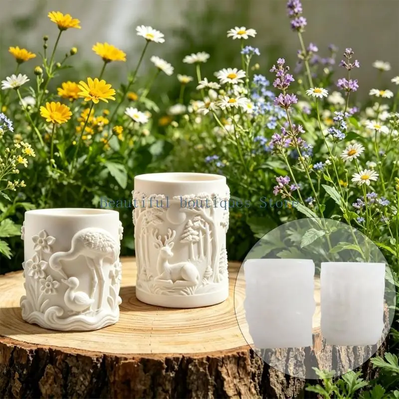 U4LF Cylindrical Relief Casting Form for Resin, Cement, and Concrete Projects, Silicone Candle Holder Mold for Planters and