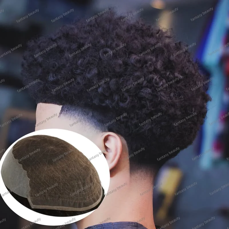 20 مللي متر الأفرو مجعد Q6 ذكر شعر مستعار تنفس الدانتيل السويسري و الترا بولي PU الجلد شعر مستعار 130% عالية الكثافة 100% شعر بشري حقيقي اصطناعي #3