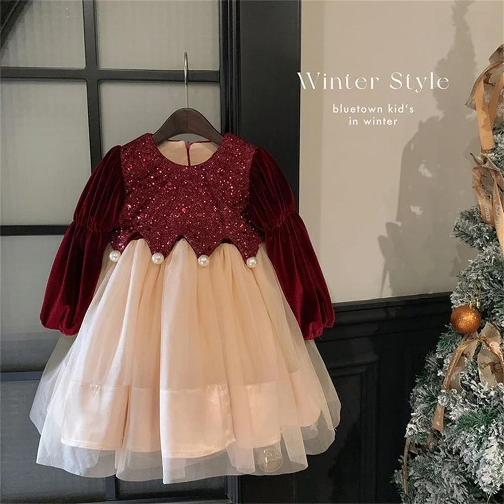 80012 Winter Red Girls' Velvet Dress Sequined Mesh Dress Christmas and New Year Princess Dress