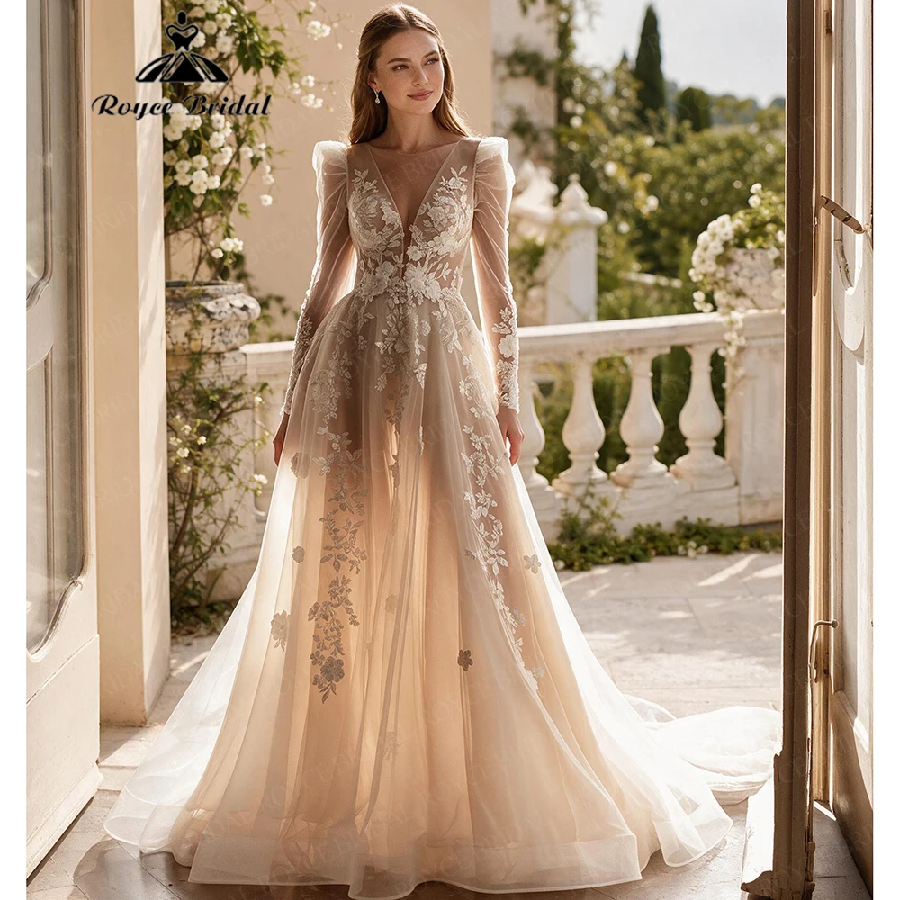Roycebridal Applique Boho A Line Wedding Dresses 2027 Deep V Neck Sexy Backless Beach Bridal Gown Customized vestido de novia