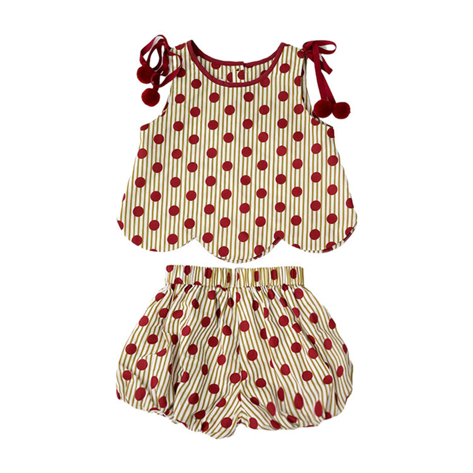 1-5Y Girls Summer 2 Piece Outfits Sleeveless O Neck Dot Print Tank Tops Lantern Shorts Sets Kids Clothes Set