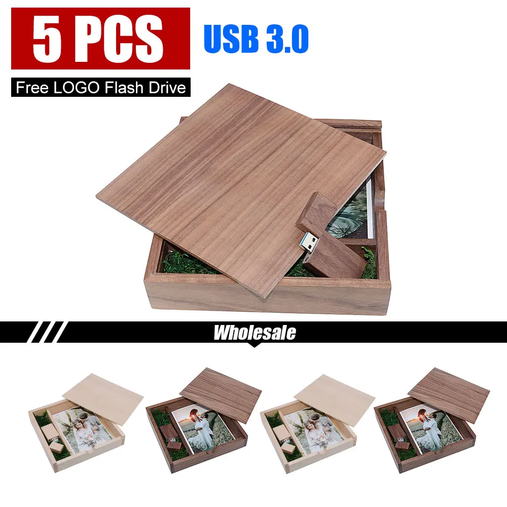 5PCS/LOT Pen Drive Free Custom Logo USB 3.0 Maple Photo Album Wooden Box USB Flash Drives 128GB Photography Stick 170*170*35mm