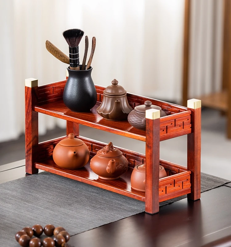 Red Rosewood Teapot Tea Set Storage Rack Desktop Antique Shelf Tea Ware Solid Wood Teapot