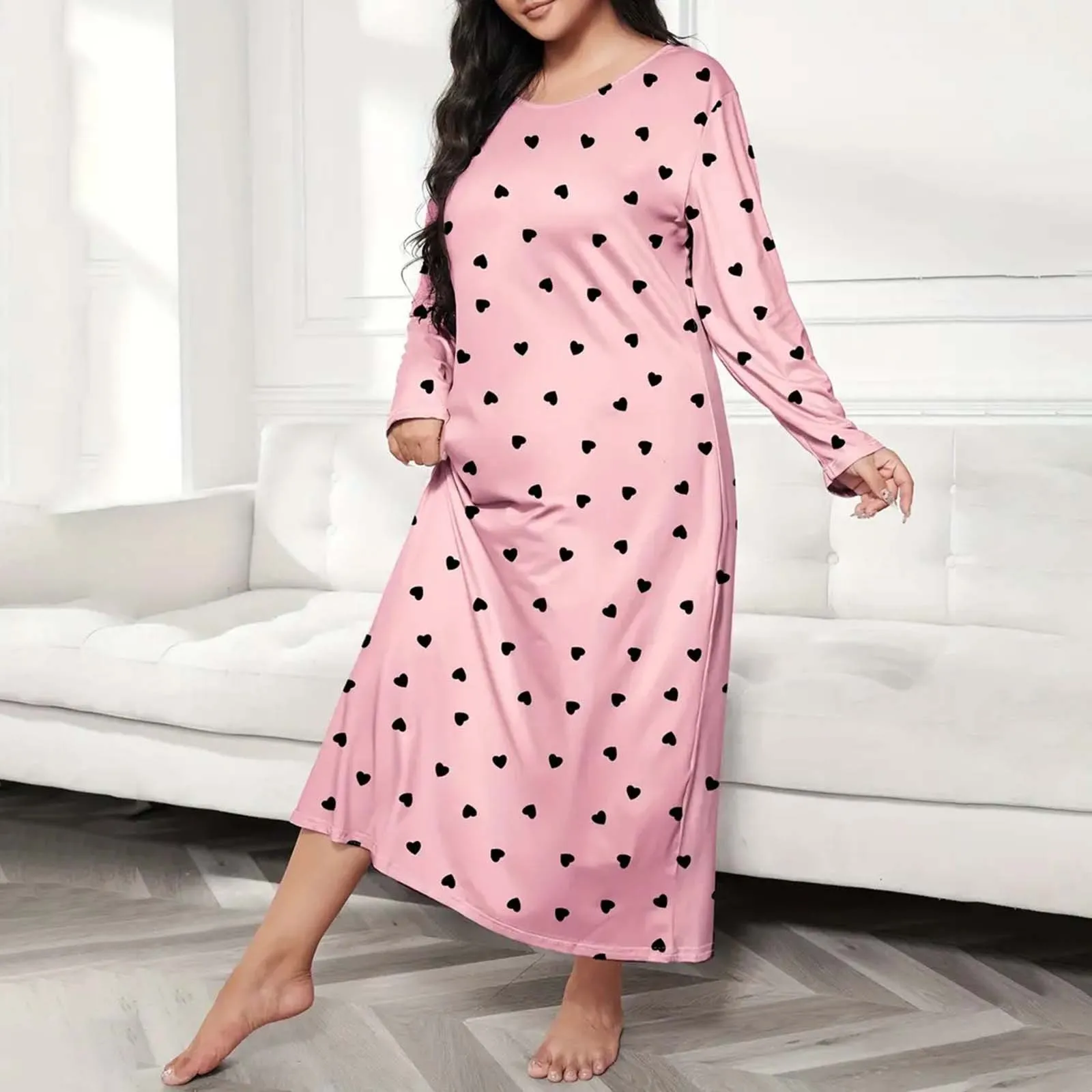 Plus Size Casual Sleep Dress Women\'s Plus Heart Print Long Sleeve Round Neck Medium Sleepwear Summer Women Woman\'s Nightgown