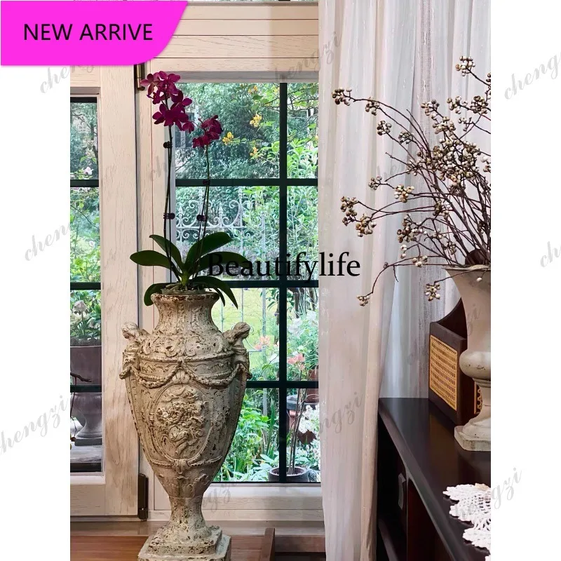 A4567 European retro old angel girl relief fine mouth flower pot vase flower arrangement ornament