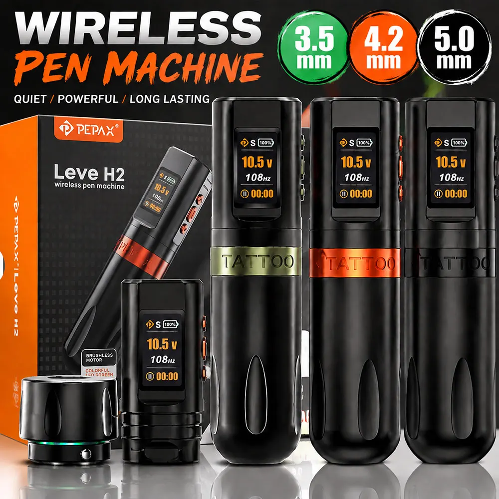 PEPAX Leve H2 Wireless Tattoo Machine Pen 2 Batteries 2000mAh Rechargeable 3.5mm 4.2mm 5.0mm Stroke Cartridge Tattoo Pen Supply