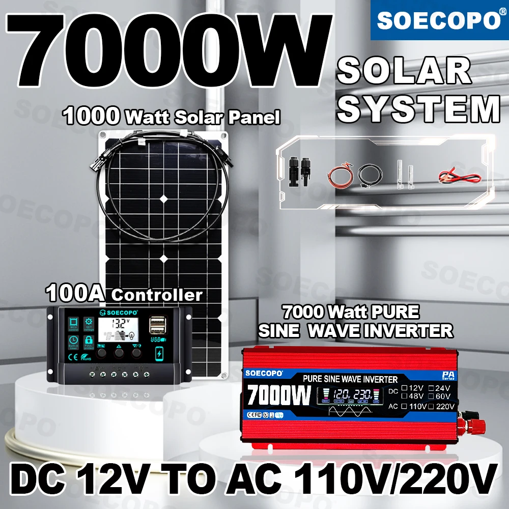 Solar System Kit Pure Sine Wave Inverter 7000W Peak (Rade 800W) 12V To 110V 220V Flexible Panel 100A Controller for RV Boat Home