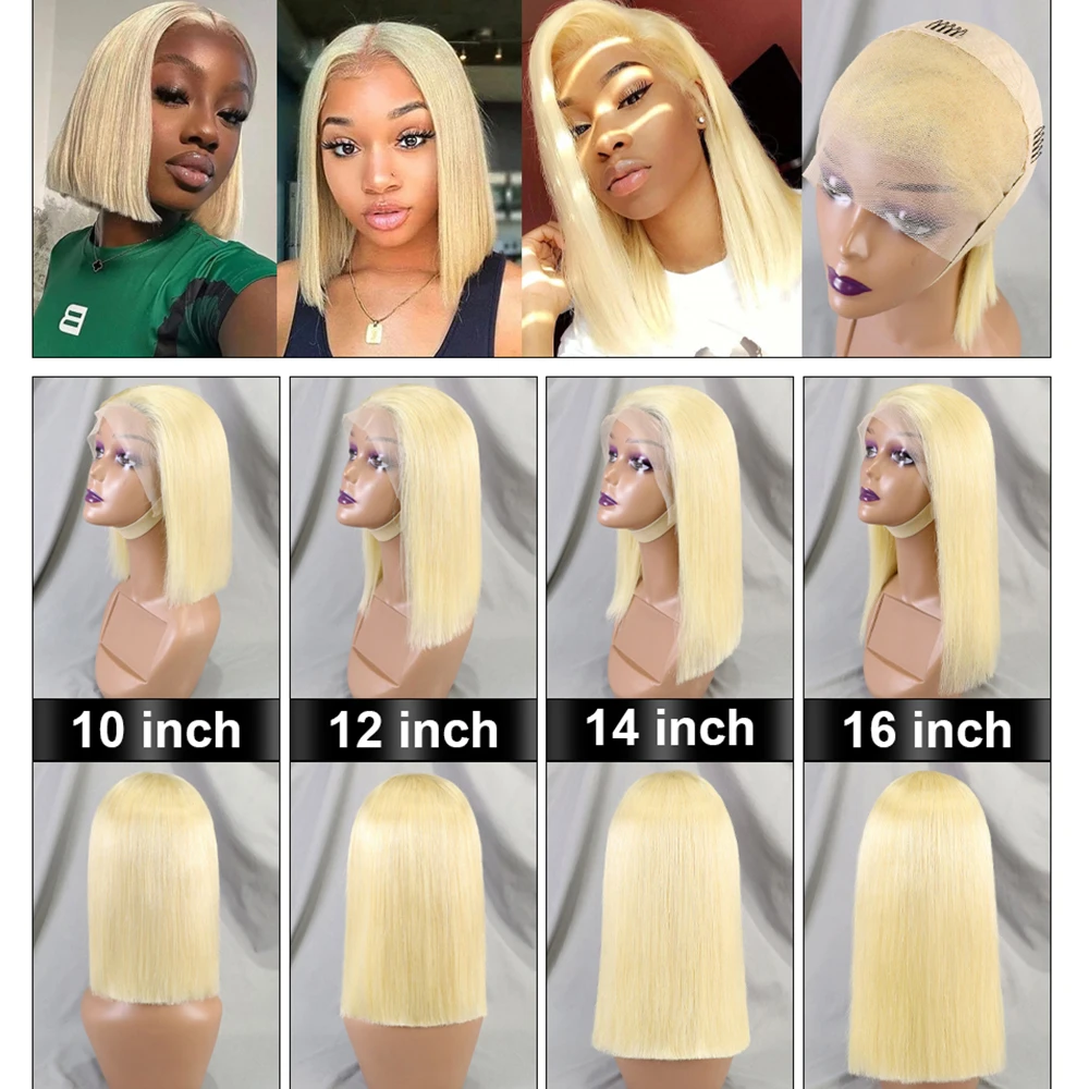 300% Density Blunt Cut Short Bob Straight Human Hair Wig 13x4 Transparent Lace Frontal Hair Wig Blonde 613 Color for Black Women