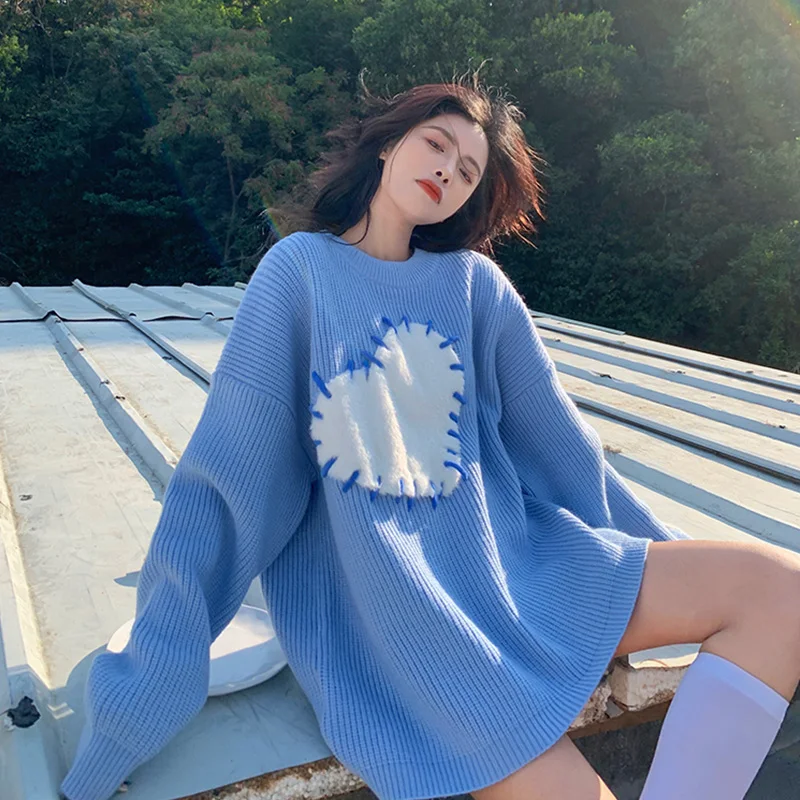 Women\'s Blue O-Neck Pullover Knit Sweater Harajuku Y2k Long Sleeves Loose Sweater Vintage 90s 2000s Aesthetic Fashion Clothes