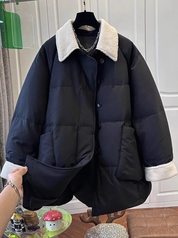 플러스 사이즈 중간 길이 칼라 재킷 여성용 겨울용 따뜻한 슬림핏 면 의류 트렌디