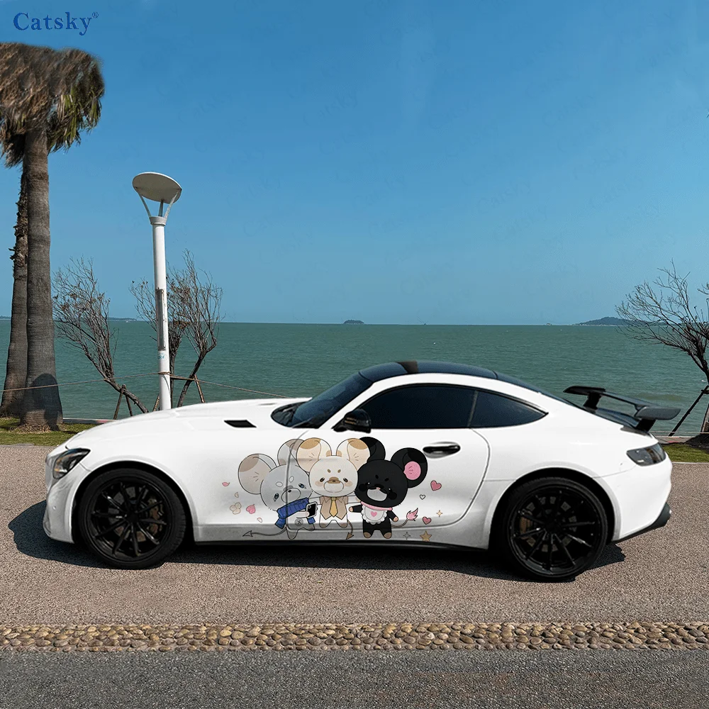Three cute mice taking a group photo, IP Image, PVC Material, Suitable for Most Vehicles, Side Decorative Sticker, Waterproof an