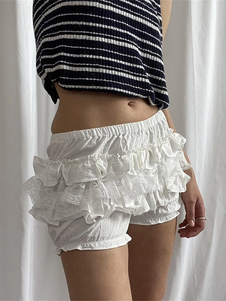 Women Y2k Layered Lace Shorts Ruffled Elastic Waist Lace Short Pants Bow Cute Mini Short Bloomers Streetwear