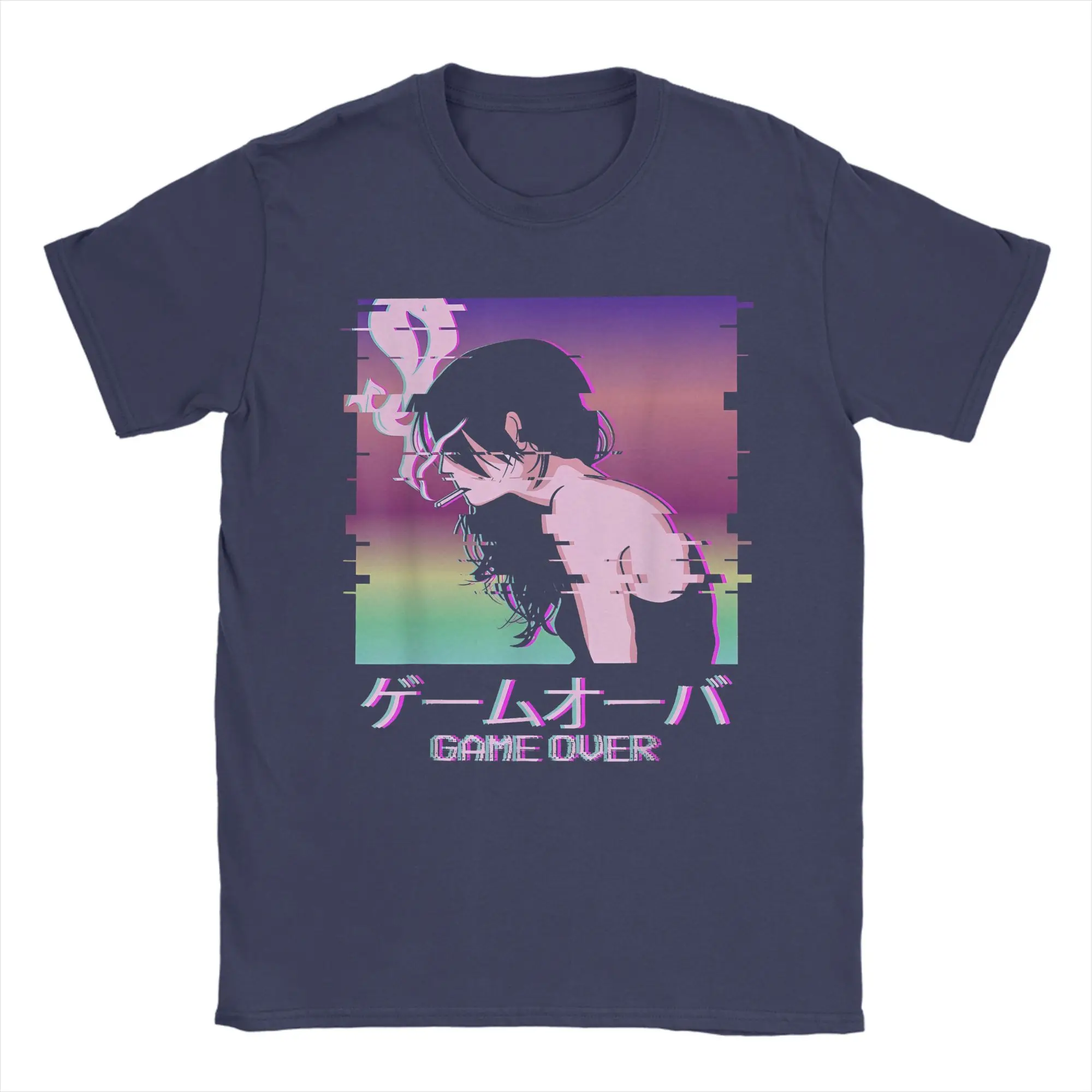 Японские футболки в стиле Vaporwave с изображением грустной аниме-девушки, мужские футболки из 100% хлопка, футболки с круглым вырезом и короткими рукавами, одежда больших размеров