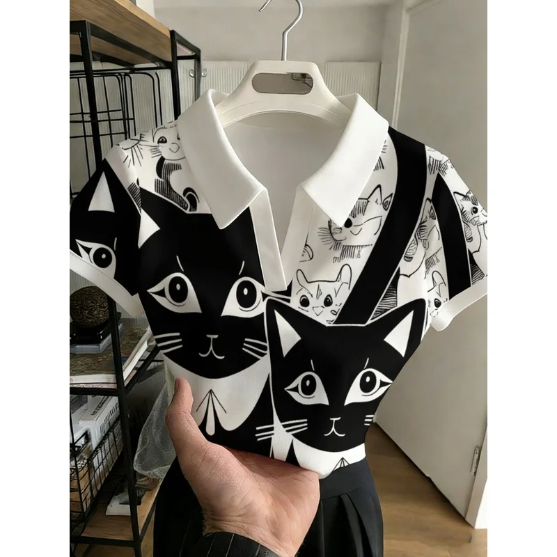 New Ladies Polo Shirt V Small Neckline Paired with a Pure White Contrasting Collar, The Garment Features Hand-Drawn Black and Wh
