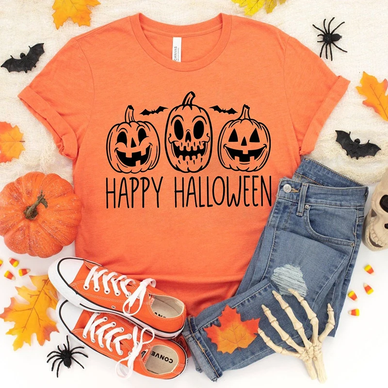 Wesołego Halloween śmieszne dynia twarz drukuj kobiety t-shirty Wicca ubrania festiwal moda zimowa kobiet koszulki pomarańczowy O Neck topy