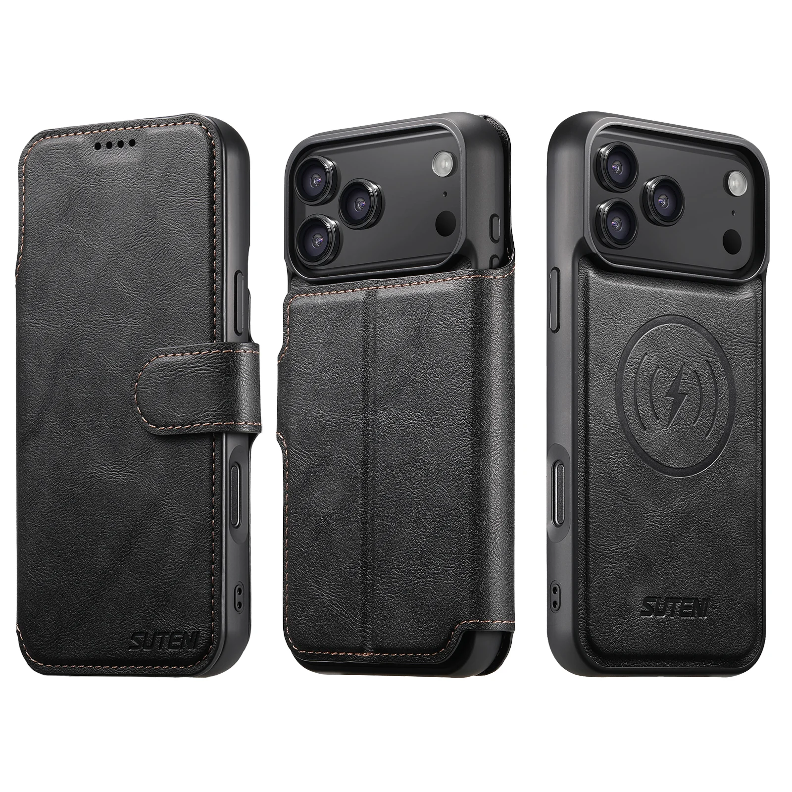 SUTENI Kunstleder Kabelloses Ladegerät Kartenhalter Ständer Brieftasche Magnetische Klapphülle Handyhülle für iPhone 18 Pro Max 17 16 15 14 – Detail 8