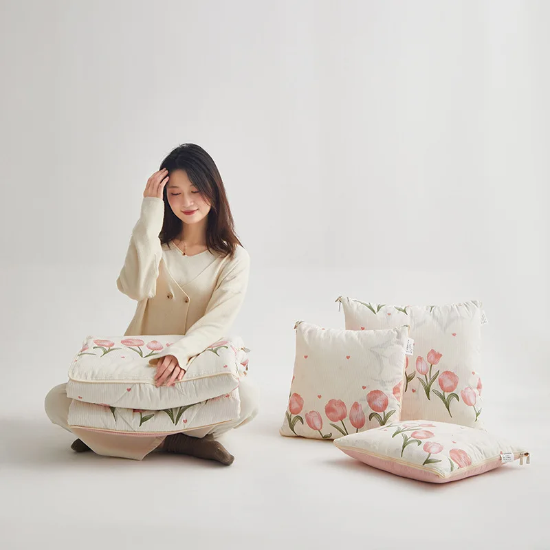 1pc Skin Friendly 2 in 1 Throw Pillow Home Sofa Blanket Nordic Deer Travel Office Cushion