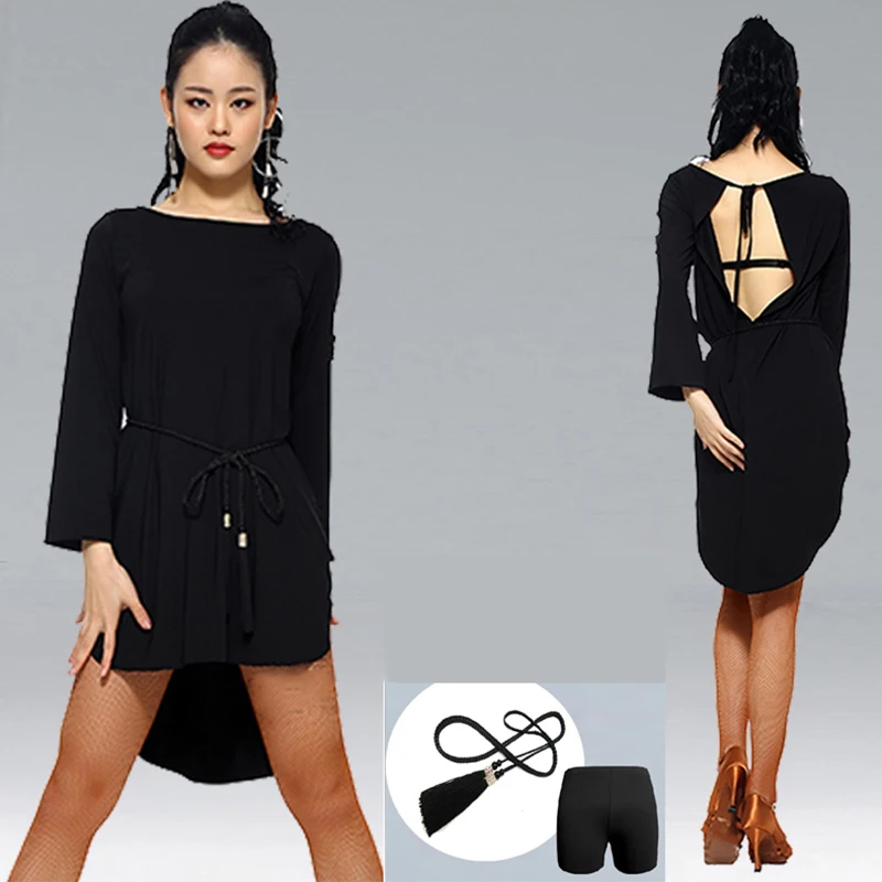 

Black Latin Dance Dress Women Long Sleeves Backless Loose Practice Clothes Adult Rumba Modern Dance Clothing Adult DDNV24434