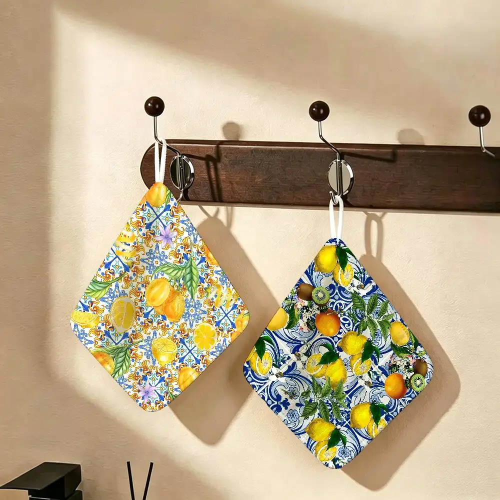 Decor Lemon and Blue Patterned Hanging Polyester Cotton Towel, Reusable Hand Wiping Cloth, Wear Resistant for Home Kitchen Sink