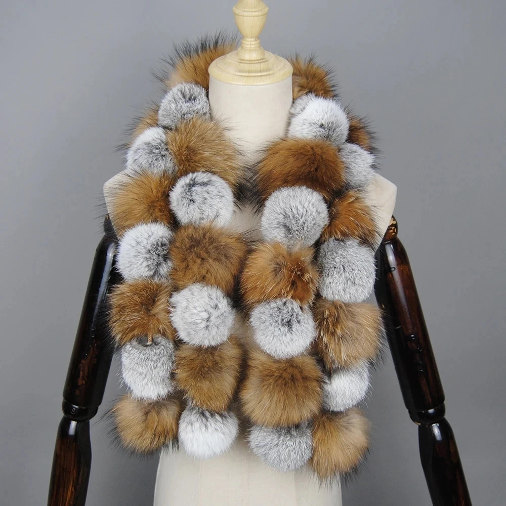 Marca de luxo Mulheres Inverno Natural Real Raccoon Fur Scarf Moda Senhora Quente Genuine Fox Fur Lenço Real Fox Fur Anel Lenços