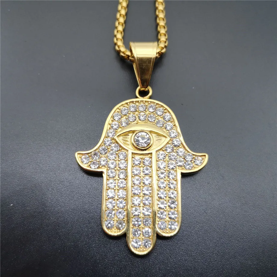 

Hip Hop Iced Out Full Rhinestones Hamsa Hand of Fatima Pendant Necklace For Women/Men Bling Jewelry Collier Femme 2018