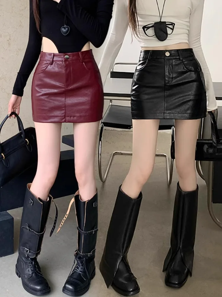 

Юбка из искусственной кожи больших размеров, винно-красная, в американском стиле, для женщин, весна-осень, облегающая, А-силуэт, цвет Анока красный