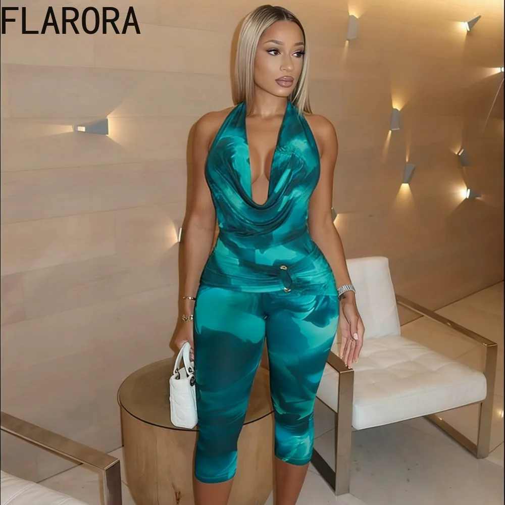 

FLARORA Retro Tie-dye Print 2 Piece Sets Woman Halter V Neck Backless Ruched Crop Tank Tops+Skinny Capri Pants Hottie Streetwear
