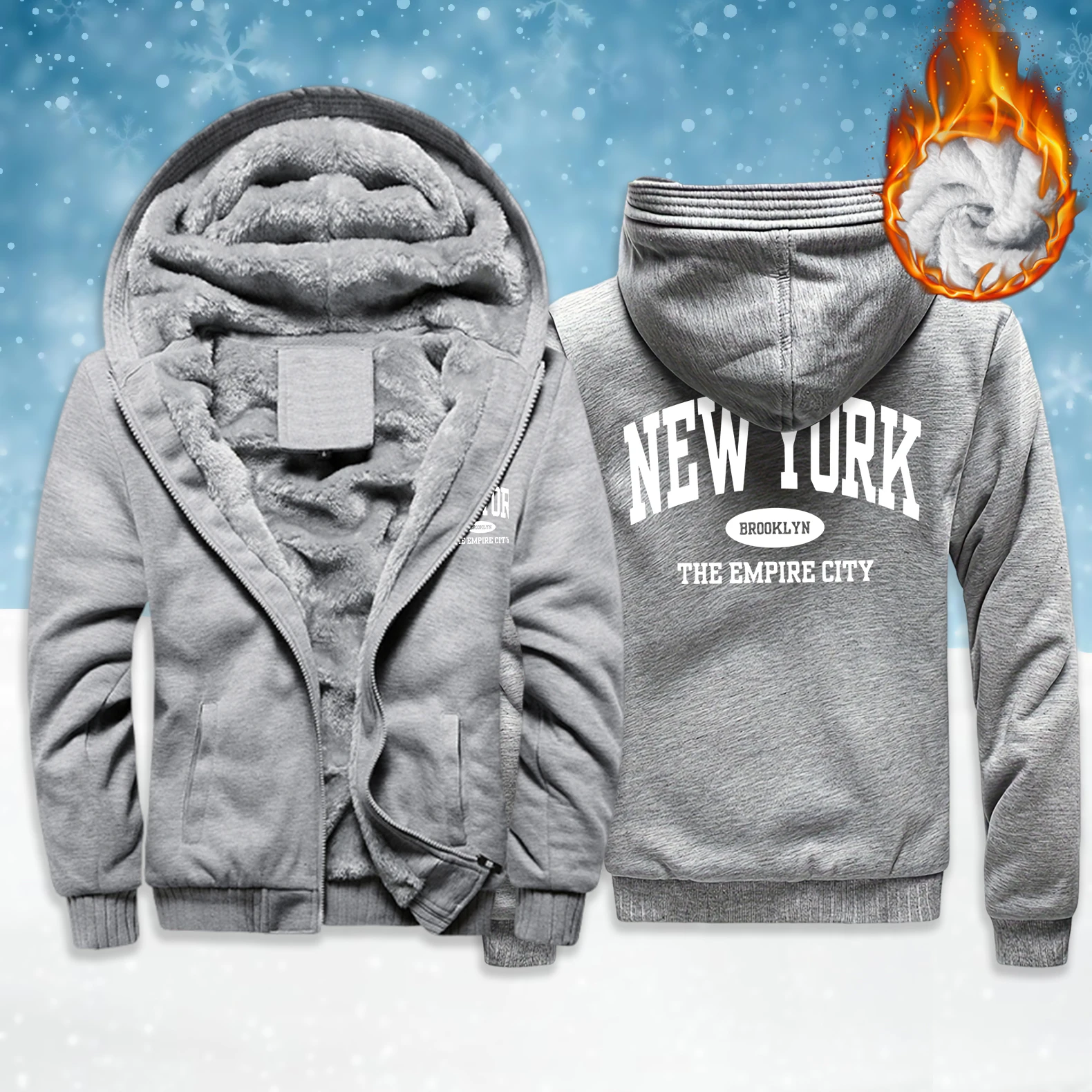 

New York Brooklyn Art Letter Print Zipper Jacket Male Fashion Pocket Hoodies Thicken Fleece Sweatshirt Mans Casual Simple Top
