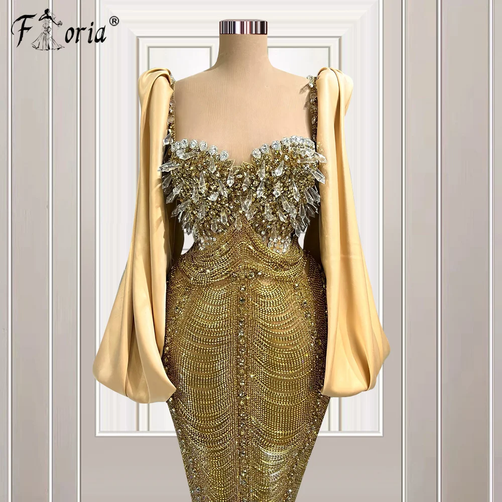 Exquisite Crystal Tassel Bespoke Evening Dresses Gold Dubai Rhinestone Beaded Tea Length Celebrity Party Gown فساتين مناسبة رسم