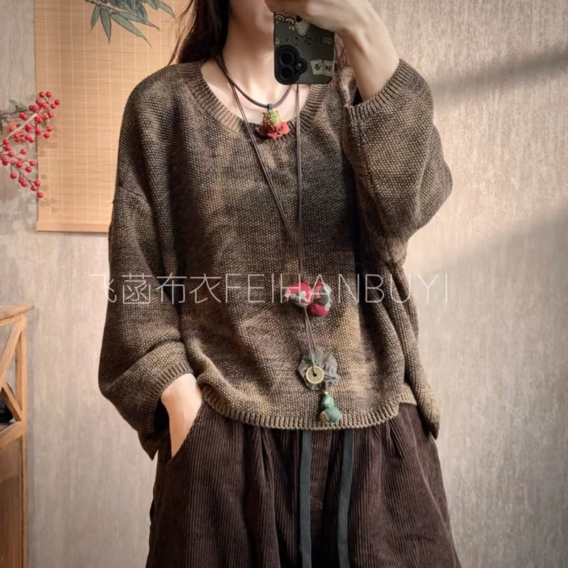 2025 New Arrival Autumn/winter Loose Round Neck Vintage Tie Dye Pullover Long Sleeves Casual Women Knitted Sweater F84