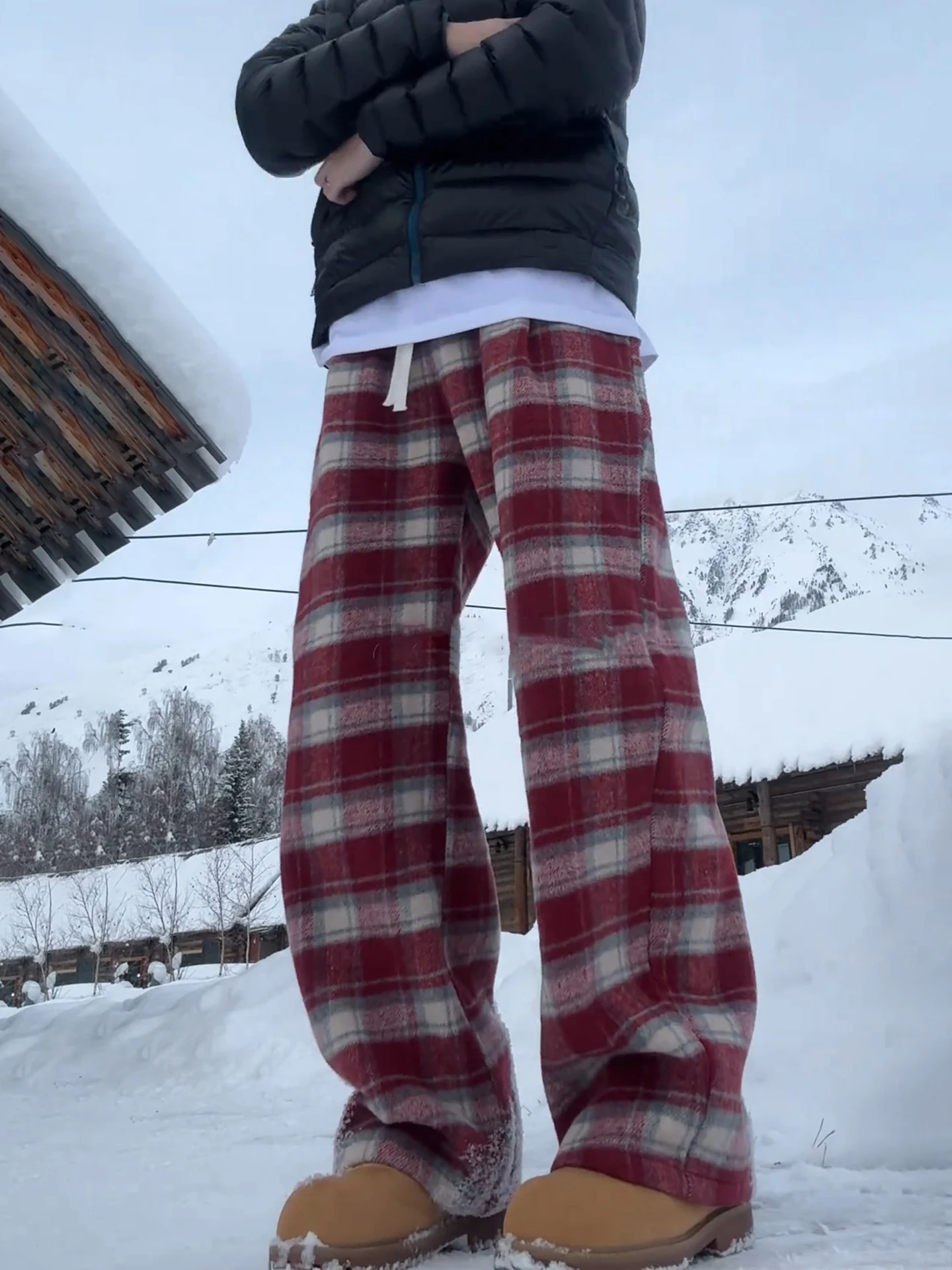 Red Plaid Casual Men's Winter Thiened Fce Vintage Woolen Pants Straight Loose Micro Flared Sweatpants Straight Leg Trousers