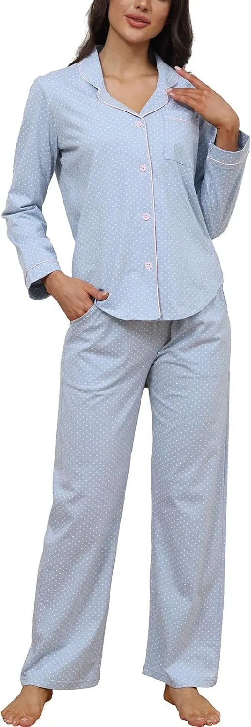

Женский комплект пижамы из хлопка: рубашка с длинным рукавом на пуговицах и брюки, милый комплект для сна и отдыха из 2 предметов