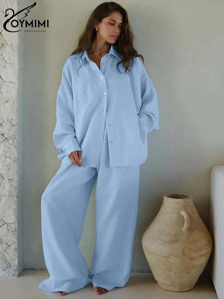 Oymimi Casual Blue Loose Two Piece Set For Women Elegant Cotton Long Sleeve Button Shirts And High Waist Full Length Pants Sets