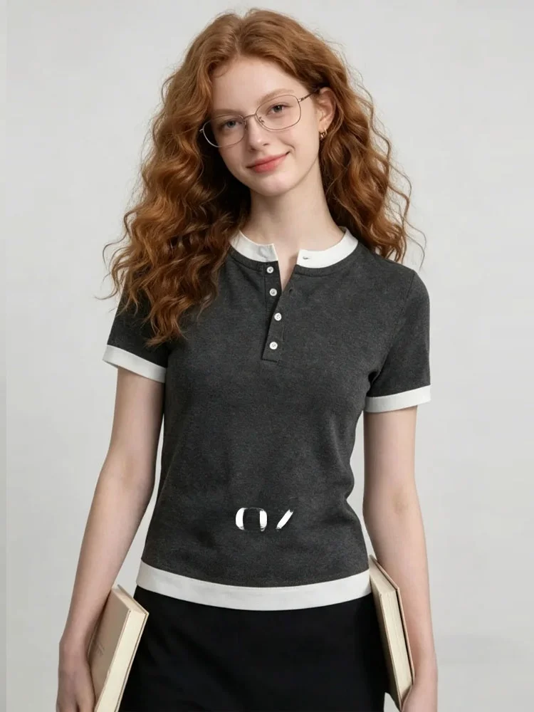 

Color Block Button round Neck Short Sleeve T Shirt Women's Summer New Style Simple Match All over Tops French Style Standard Fit