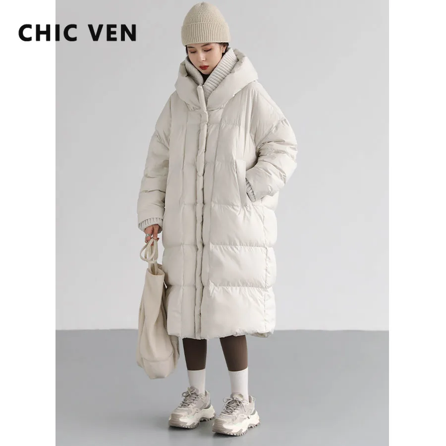 

CHIC VEN Korean Women Down Coats White Loose Hooded Long 90 White Duck Down Jacket Thick Warm Coats Parkas Autumn Winter 2023