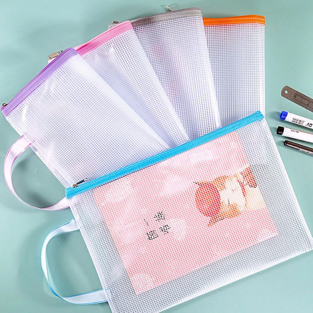 Mesh Zipper Pouch para Documento, Papelaria, A4 File Folder, Zip File Folder, Pencil Case, Material escolar e de escritório