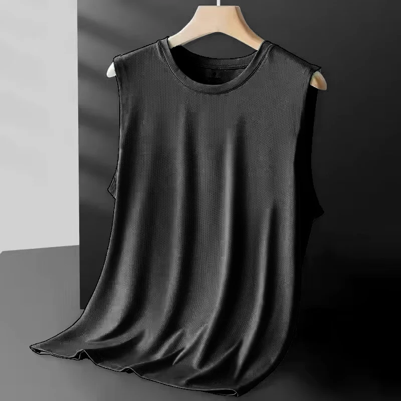 

New Ice Silk Tank Top Men's Mesh Quick Drying Summer Sleeveless T-shirt Wide Shoulder Plus Size Sports Fitness Mens Running Vest