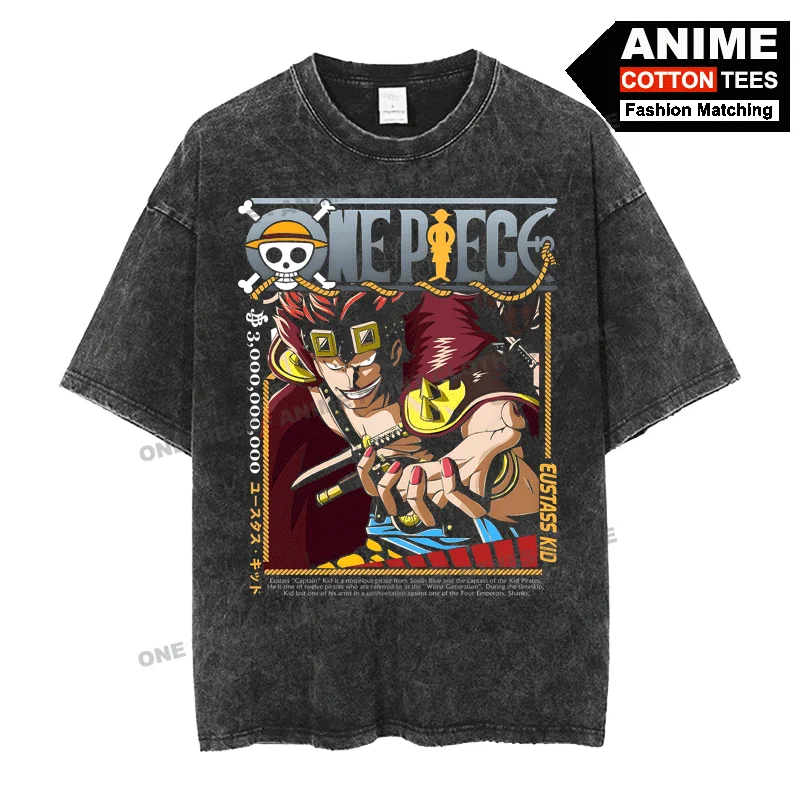 

Anime Peripheral Clothing ONE PIECE -Eustass Kid Print T Shirt Street styl Men Women Short Sleeve Retro Cotton Washed Loose Tees