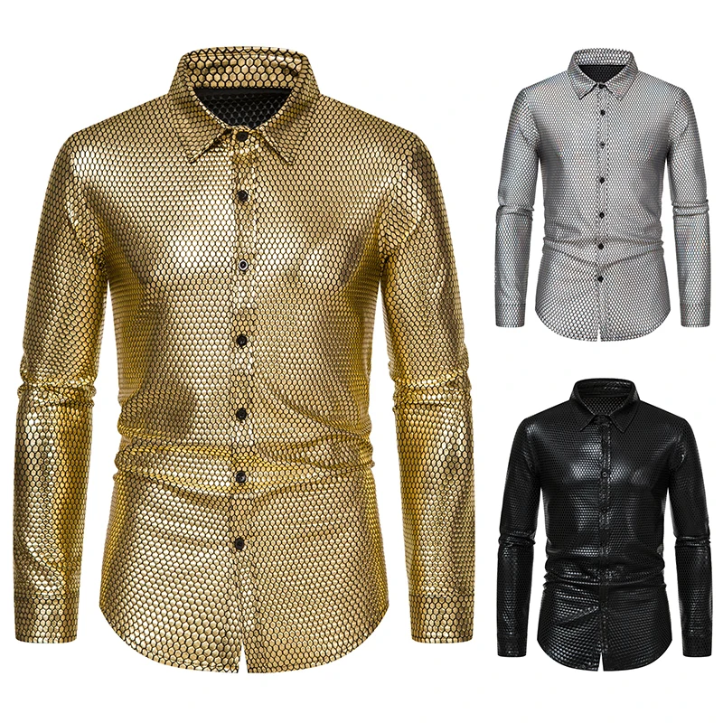 Men's Fashion Disco Clothing Diamond Hot Print Long Sleeve Single Breasted Shirt