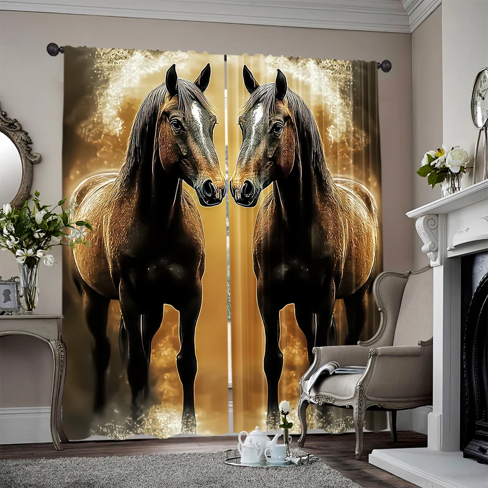 2pcs, 2D flat printing Curtain Dual Horses Artistic Golden Image Versatile Durable Polyester,Without Electricity Birthday Party