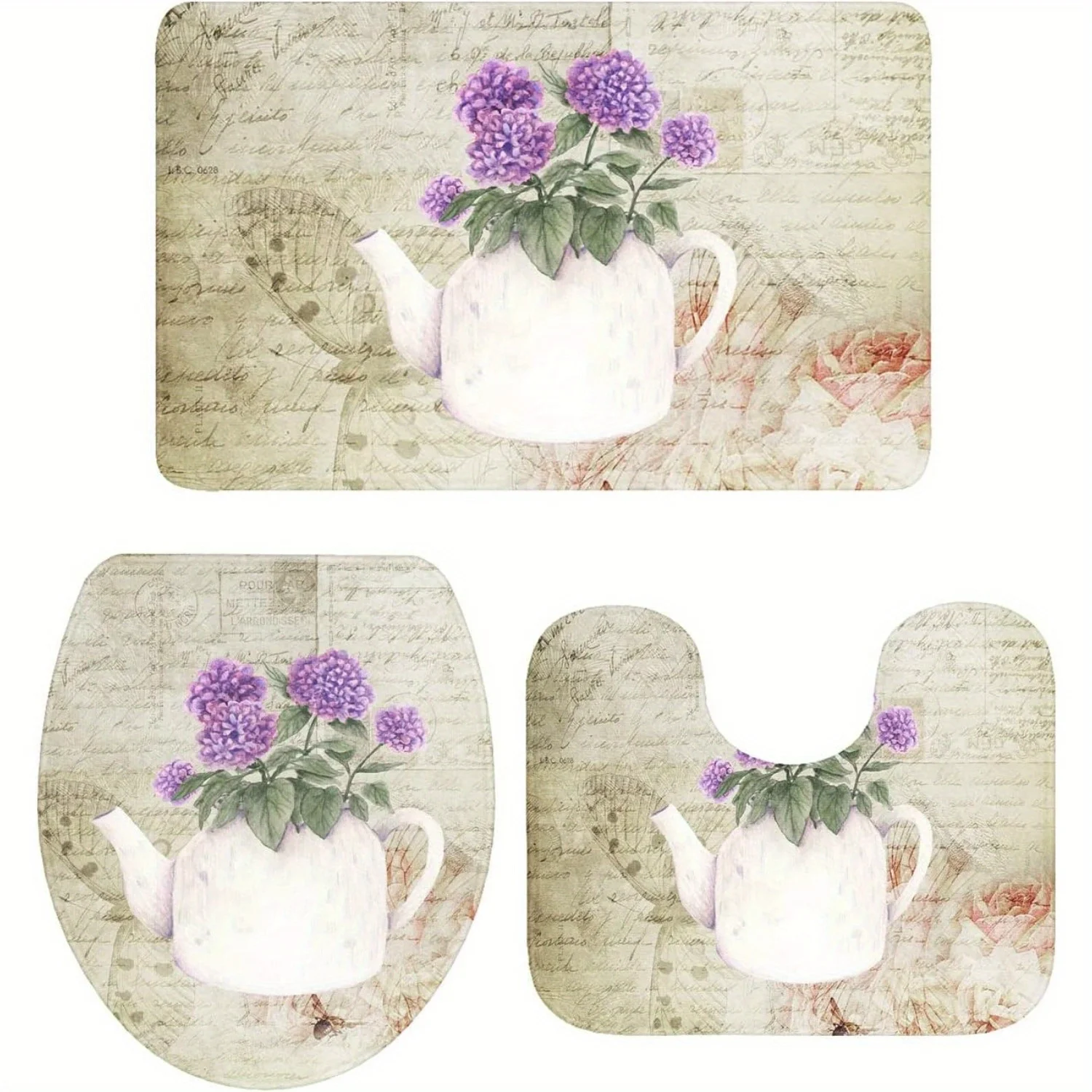 

RV Bathroom Rugs Sets 3pcs with Toilet Cover U Shaped Toilet Rug Vintage Purple Flowers in Kettle Non-Slip Bath Mat Machine Wash