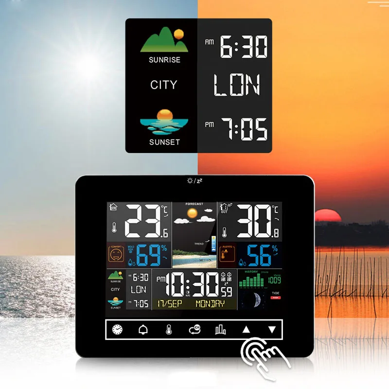 

Touch Color Screen Weather Station Alarm Clock Sunrise And Sunset Time Thermometer Hygrometer With Wireless Outdoor Sensor