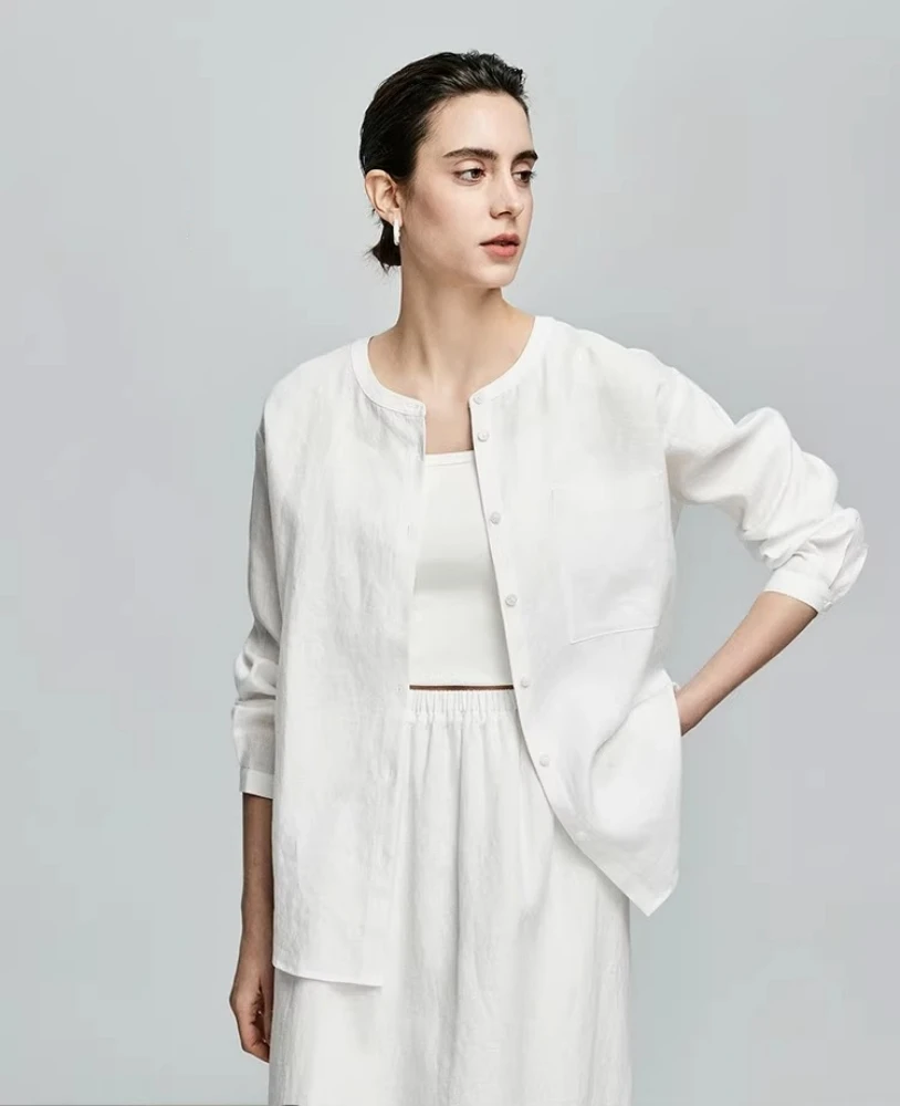 

New Chinese-style round-neck long-sleeved all-linen shirt female Summer 2025 Loose collarless shirt