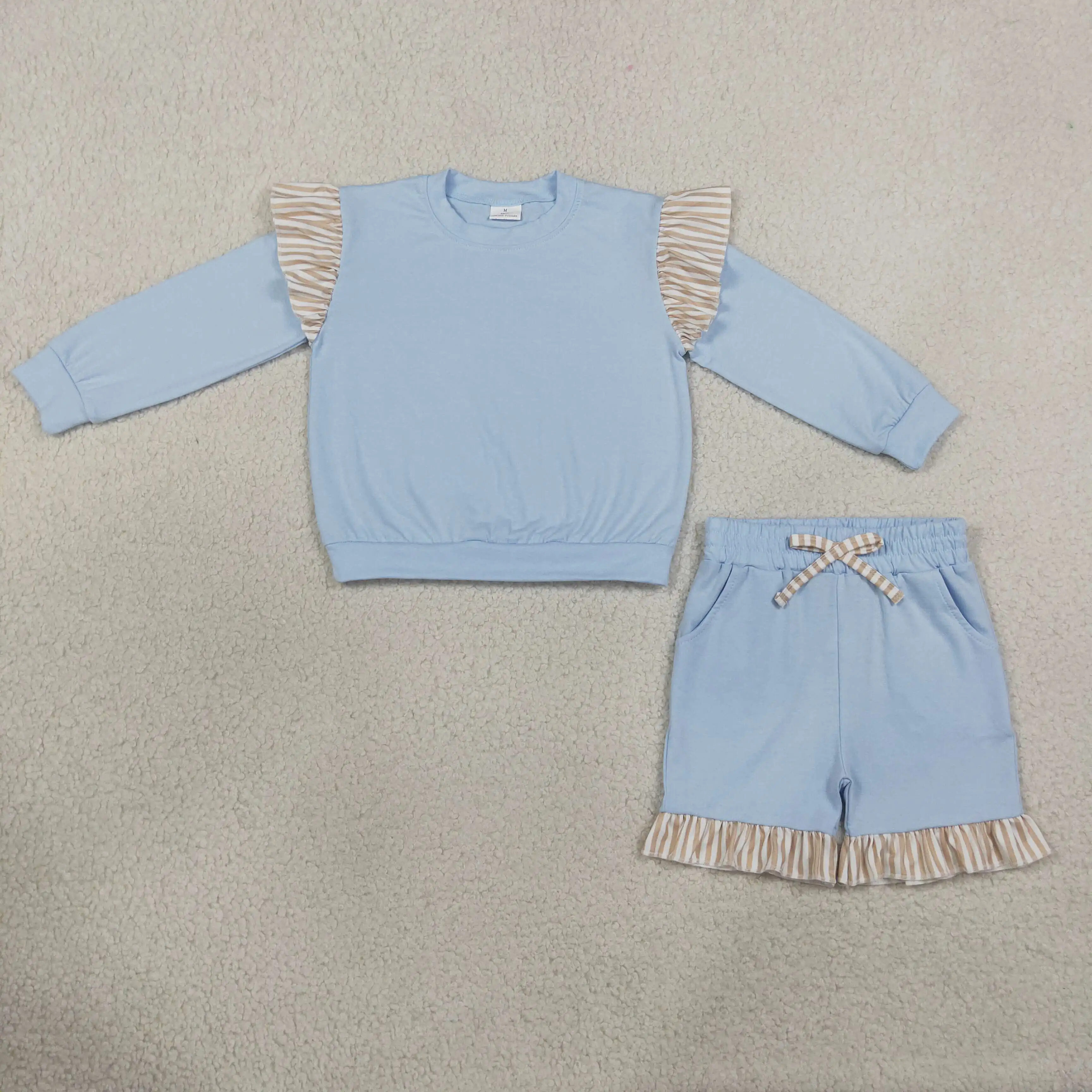 Wholesale Kids Boys Girls Long Sleeves Blue Shirt Clothes Baby Girls Toddler Pockets Shorts Outfit Children Cotton Set