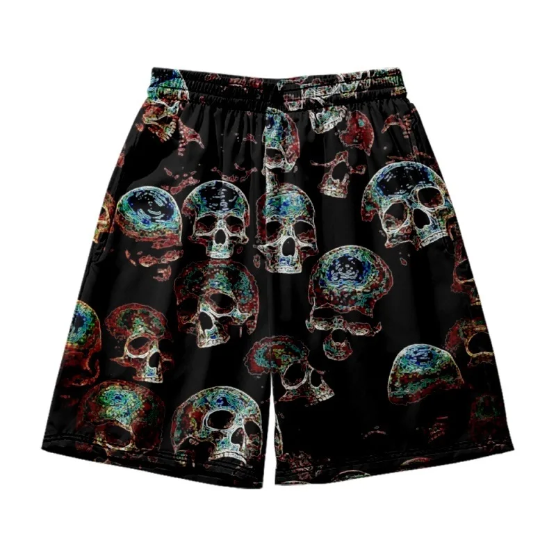 2022 Casual Black Skull Print Beach Shorts Clothing Summer New Men's Elastic Waist Shorts Streetwear